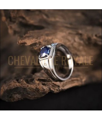 Chevalière de mariage homme en or blanc 18K avec saphir bleu à prix réduit toute l'année