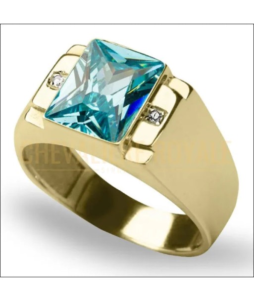 Chevalière de luxe en or jaune : la pierre d'aquamarine et diamants rembourrage situé sous