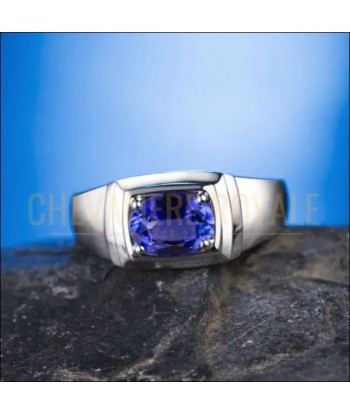 Chevalière de luxe en or blanc avec tanzanite naturelle (18Kt) en linge