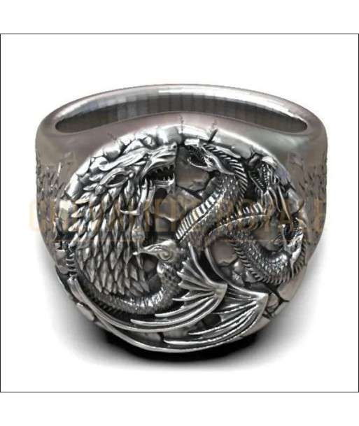 Chevalière en Argent avec Motif Dragon à Trois Têtes rembourrage situé sous