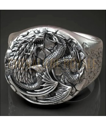 Chevalière en Argent avec Motif Dragon à Trois Têtes rembourrage situé sous