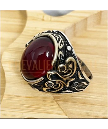 Chevalière en Argent Style Ottoman avec Agate Rouge - Bijou d'Élégance livraison gratuite