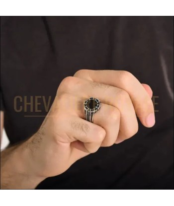 Chevalière Ovale Argent Massif Onyx Noir et Zircons Étincelants les ctes