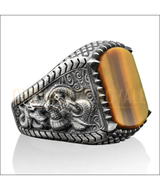 Bague Homme Œil de Tigre avec Design Dragon Azur - Argent Massif Les magasins à Paris