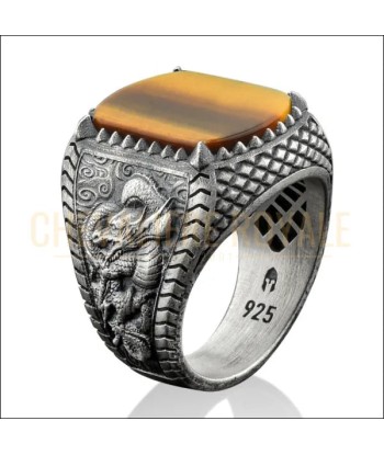 Bague Homme Œil de Tigre avec Design Dragon Azur - Argent Massif Les magasins à Paris