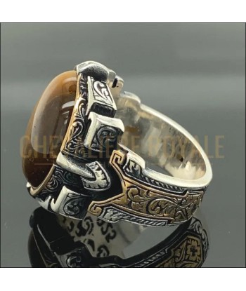 Chevalière Argent Massif Pierre Œil de Tigre - Bague Ovale Unique la chaussure