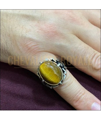 Chevalière Argent Massif Pierre Œil de Tigre - Bague Ovale Unique la chaussure