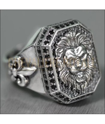 Chevalière lion en argent massif sculpté avec des détails Véritable concentré