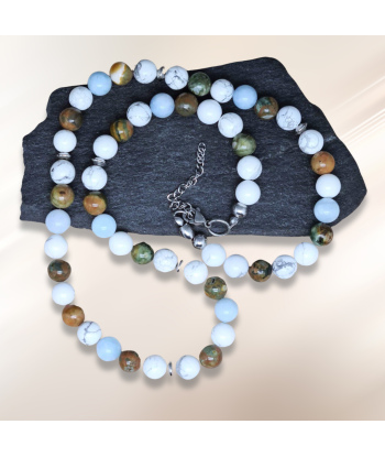 Bracelet triple tour et collier en Howlite, Rhyolite et Aigue-Marine (COLBR23-53) de votre