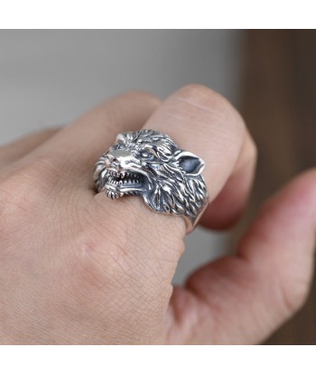 Bague Viking Tête De Loup Fenrir En Argent brillant des détails fins