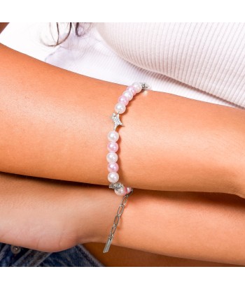 Bracelet perlé Signature Argenté - Blanc et Rose votre