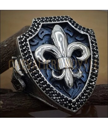 Chevalière de luxe bouclier fleur de lys en argent pour hommes les ligaments