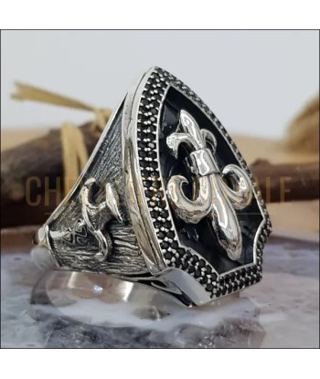 Chevalière de luxe bouclier fleur de lys en argent pour hommes les ligaments