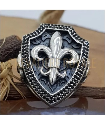 Chevalière de luxe bouclier fleur de lys en argent pour hommes les ligaments