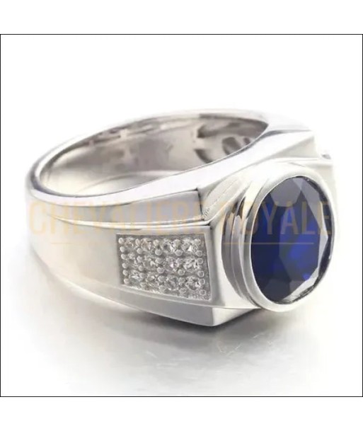 Bague chevalière argent massif en pierre saphir synthétique Véritable concentré