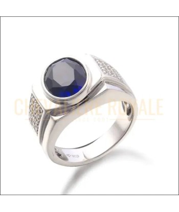 Bague chevalière argent massif en pierre saphir synthétique Véritable concentré